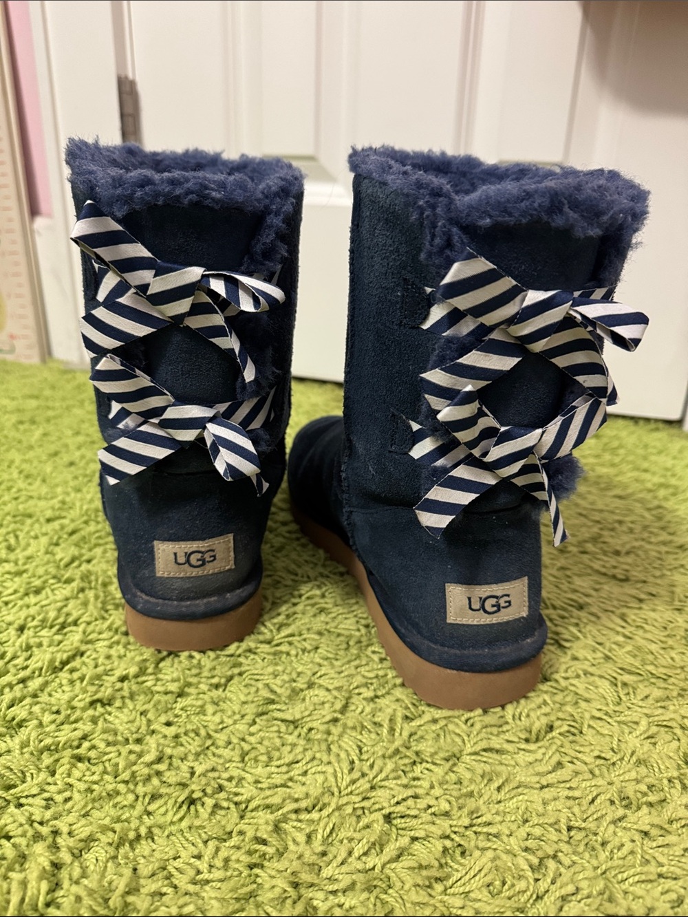 UGG Navy Suede Shearling Boots with Striped Ribbon Bows
